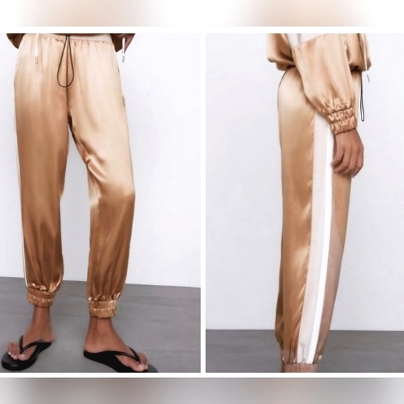 ZARA Satin Joggers. Tan with white side panel. Size XS - Picture 1 of 14